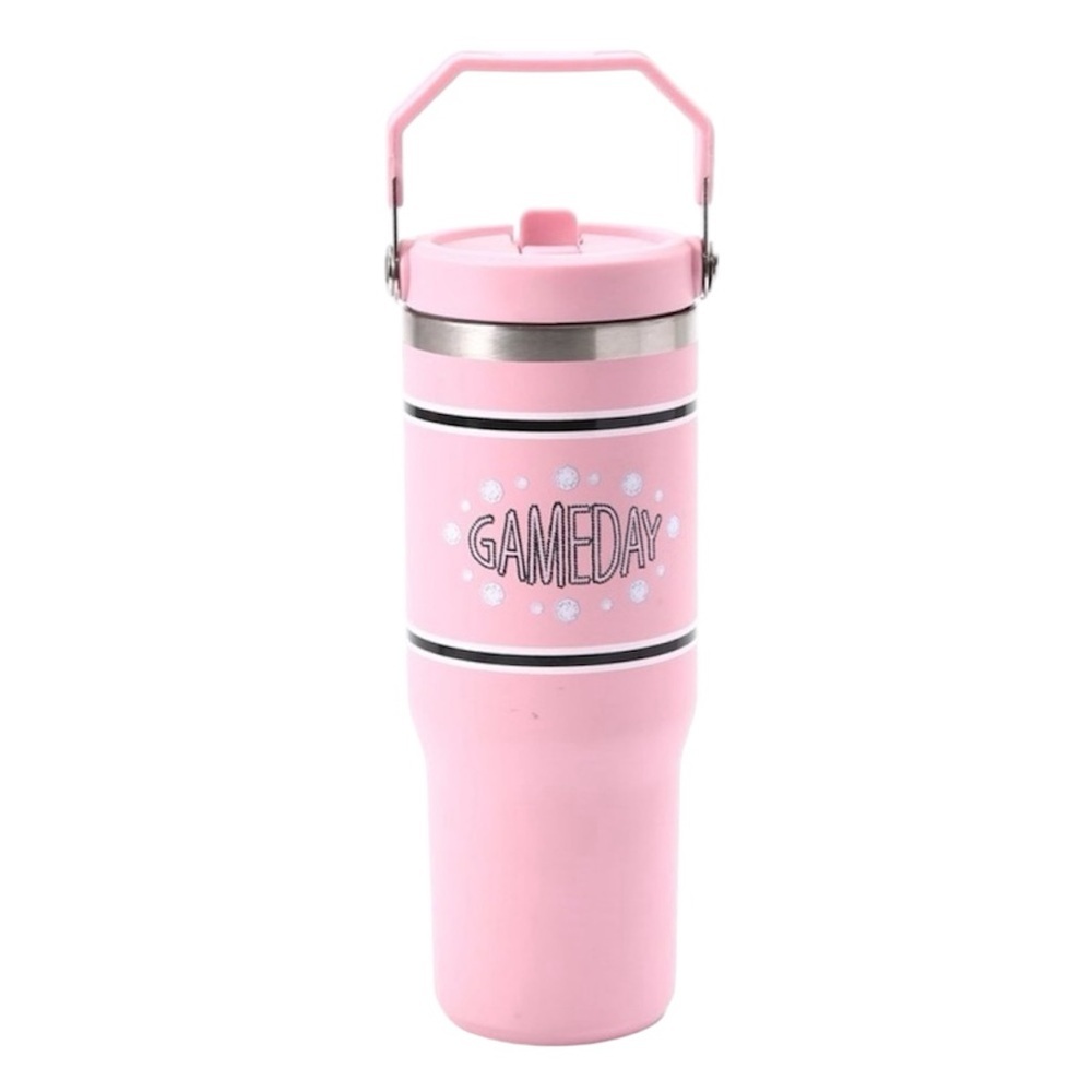 NEW Game Day 30oz Stainless Steel Flip Top Straw Tumbler Pink Black Hot Cold NIB - Picture 1 of 7